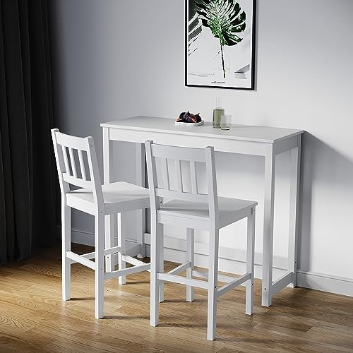 ELEGANT Solid Pine Wood 3 Piece Dining Table Set Furniture, Bar Table and 2 Stools Set, Bistro, Breakfast Kitchen, Dining Room available, White