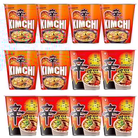 Nong Shim SHIN Original & Kimchi Ramyun Instant Cup Noodles Spicy Ramen (Pack of 12) HALAL
