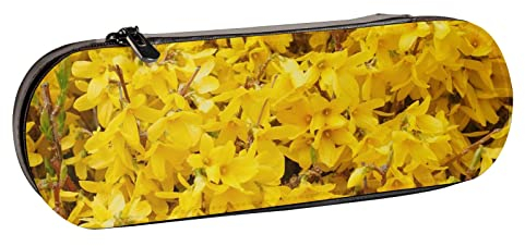 BEEOFICEPENG Federmäppchen, Gold-Flieder-Forsythienzweige, gelbe Blumen, Leder-Federmäppchen, Stifttasche, Büro, Schule, Schmuckkästchen, Make-up-Pinsel-Box