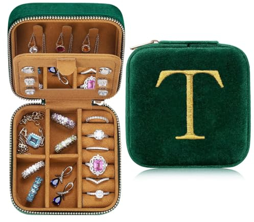 TINGN Initiale Schmuckkästchen mit Namen T Personalisierte Kleine Schmuckkästchen Reise Schmuckkästchen mit Spiegel für Damen Mädchen Geschenk für Geburtstage Weihnachten Muttertag