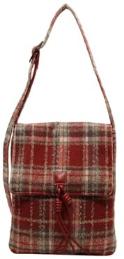 CORIOS Damen Tartan Schultertasche Tweed Handtasche Retro Umhängetasche Mittleres Fassungsvermögen Einkaufstaschen Elegant Tragetasche Tote Beutel Henkeltaschen Handytasche Rot