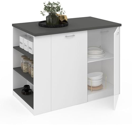 IDMarket – Ilot Central TIBO 120 cm, madera blanca con encimera gris antracita
