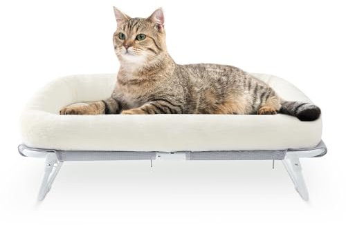GUUSII HOME Erhöhtes Katzenbett Katzenhängematte Große Freistehende Katzen Bett Hundebett für Kleine Hunde Haustier Katzensofa mit Metallstützrahmen Katzenliege Couch 64X40X19cm（Weiß）