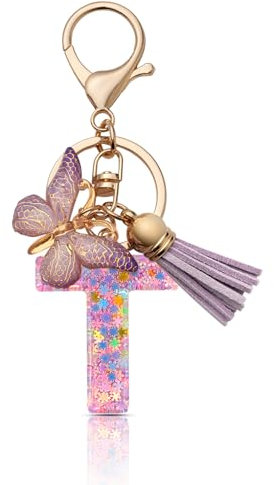 CHUQING Porte-clés pour fille - Pendentif en forme de papillon - Avec initiales - Cadeau pour femme, Lila-T, S