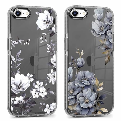 Foonary 2 Pack Clear Print Phone Case Compatible with iPhone 8/SE 2022/7/SE 2020 4.7,Slim Soft Silicone with Grey Flower Design Aesthetics Transparent Pattern Cases,Shockproof Bumper Protector Cover