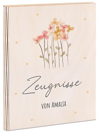 Bärenfreunde® - Personalisierte Zeugnismappe aus Holz mit hochwertigem Spezial-Druck - Einschulung Geschenk - Zeugnismappe Jungen & Zeugnismappe Mädchen (Blumen Punkte)