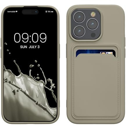 kwmobile Case Compatible with iPhone 15 Pro Case - TPU Phone Cover with Credit Card Holder - Light Grey Matte