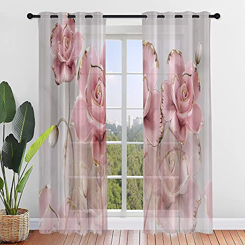 Odot Transparent Gardinen mit Ösen Schlaufen, Rosen Blume Drucken Vorhänge Voile Sheer Vorhang Dekoschal Fensterschal Ösenvorhang für Wohnzimmer Fenster 2er Set (140x213cm,Rose 5)