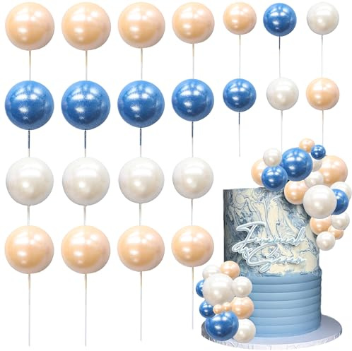 Ephlyn 30Pcs Colorful Pearl Ball Cake Toppers - Bear Theme Birthday Party Favors & Wedding Decoration - Pearl White, Dark Blue, Yellow