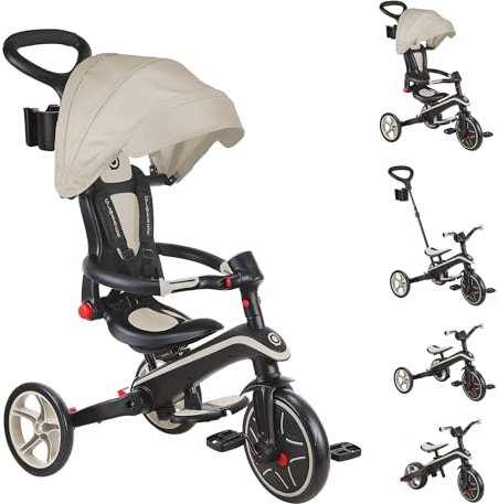 Globber Foldable Explorer Trike and Balance Bike 4 in 1 with Adjustable Canopy - Parental Steering Handle - Cup and Phone Holder - Safety Harness - 10 Months to 5 Years - 2 Year Warranty (Taupe)