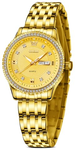 OLEVS Montre pour femme en acier inoxydable et diamant Eleagnt avec date, étanche, petit cadran, montre à quartz tendance, cadeau pour femme, Cadran en or 5001/bracelet en or, standardmäßig, Bracelet