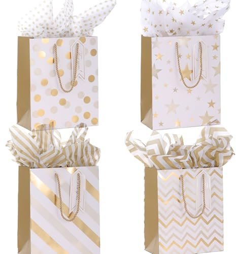 Gift Bags,8pcs 12.6inch Large Paper bags with Tissue Paper,Gold White Wrap Paper Bags with Handles for Birthday Christmas Shopping Wedding Baby Shower Holiday Presents (Gold)