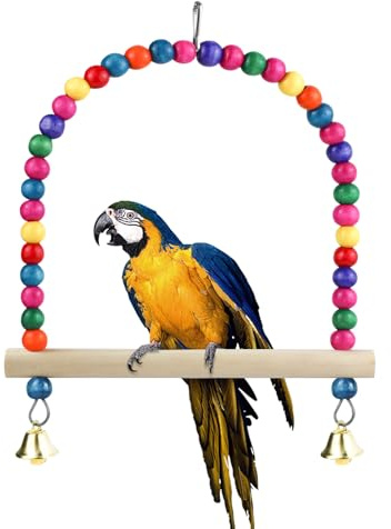 LuckyOpt Bird Swing, Natural Wooden Colorful Parrot Toy with Perch Stand and Bell, Cage Hanging Boredom Breaker for Budgie, Parakeet, Cockatiel (L)