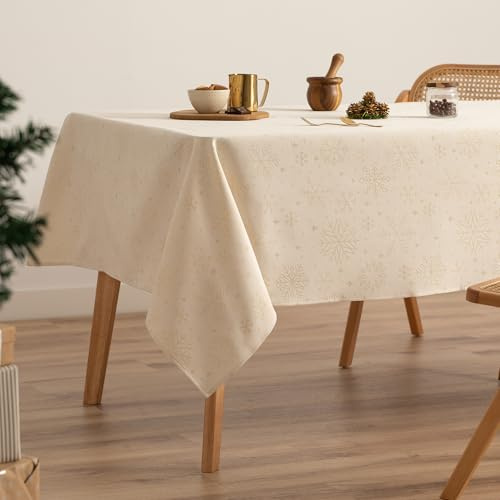 GAMUSI Tischdecke für Weihnachten, Jacquard, Goldgarn, Esstisch, rechteckig, Weihnachtsdekoration, 140 x 350 cm, naturfarben