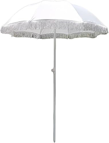 Sombrilla de Playa pequeña con borlas Blancas, sombrilla portátil para Exteriores de 160cm para jardín, balcón, Resistente a la Lluvia, protección UV