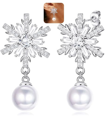 LOLIAS 925 Sterling Silber Schneeflocke Ohrringe für Frauen Weihnachten Schneeflocke Baumeln Ohrstecker Funkelnde Perle CZ Schneeflocke Hypoallergene Ohrringe Weihnachtsschmuck Weihnachtsgeschenke