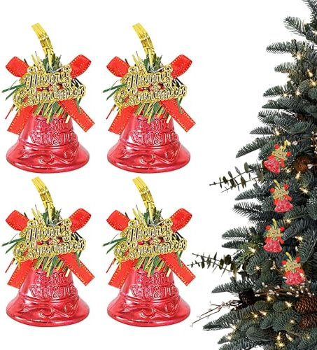 Weihnachtskugel-Ornamente, 4 x dekorative Bells Baum-Ornament, Jingle Bells, Christmas Outdoor Bells Decor, Merry Christmas Decorations for Tree Window, Christmas Tree Decor, Indoor Outdoor Christmas