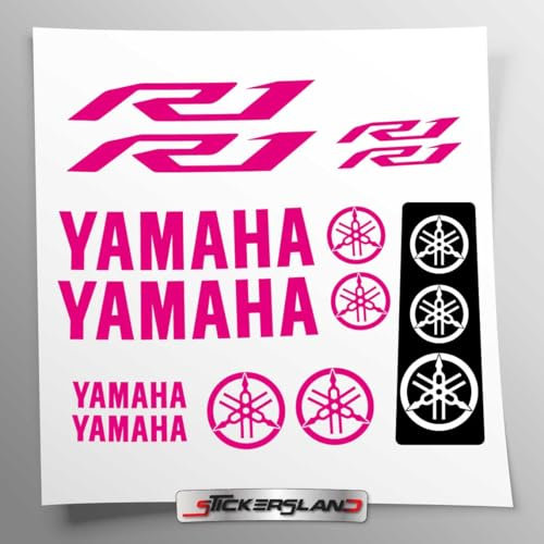 Aufkleber-Set kompatibel mit Tank und Motorradhelm | Basis transparentes Vinyl, einfache Anbringung, UV-Druck | Logo-Schriftzug | Stickersland® - R1 New von 2015 bis 2024 (Fuchsia - Pink)