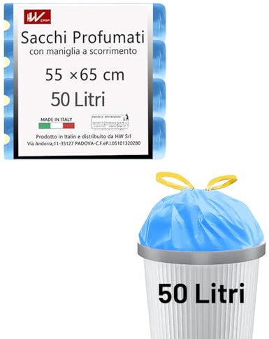 HW CASA Pack of 60 50L Eco Friendly Waste Bags in Recycled LDPE Rubbish Bags, Scented Bin Bags with Sliding Handle, Equipped with Anti-Drip System, Perfect for Home and Office, Blue