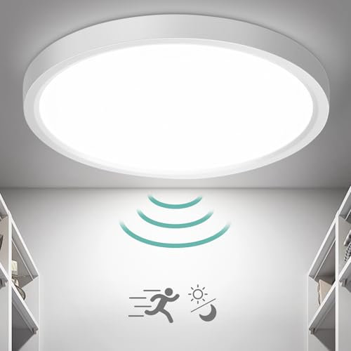 Oraymin LED de techo con sensor crepuscular de radar, 18W 1800LM redonda de sensor 4000K redonda luz de techo con detector de movimiento interior para pasillo escaleras cocina balcón Ø23×2.4cm