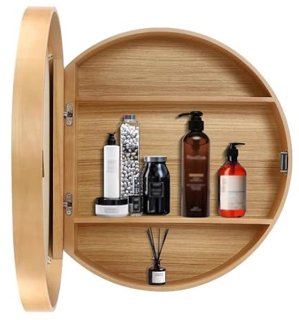 Badezimmer-Spiegelschrank, Wandmontage, mit rundem Spiegel, Aufbewahrungsschrank für Badezimmer (Holz, 60 cm)