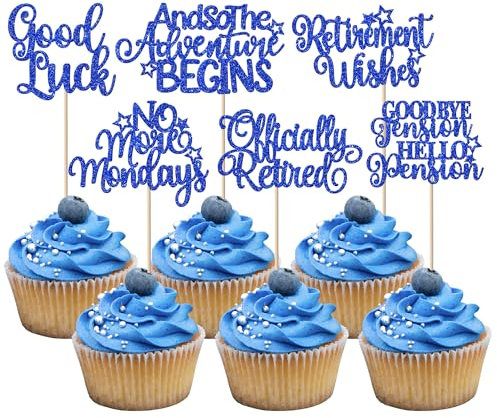 SYKYCTCY 36 Pack Retirement Cupcake Toppers Glitter officially retired Cupcake Picks And So The Adventure Begins Good Luck Cake Decorations for Retirement Theme Birthday Party Supllies Blue
