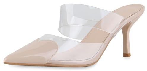 VAN HILL Damen Pantoletten Stiletto Transparent Party Schuhe 216665 Beige Lack 39