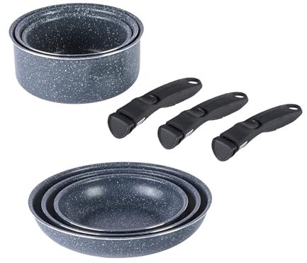 Russell Hobbs Smart Clip 9-Piece Frying Pan & Saucepan Set – 20/24/28 cm Fry Pans, 16/18/20 cm Cooking Pots, 3 Clip-On Stay Cool Handles, Non-Stick, Induction Suitable, Oven Safe, Stackable Design