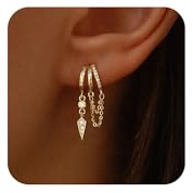 WATEFOER Hängend Ohrringe für Damen, 14K Vergoldet Dreifach Huggie Creolen Hypoallergene Statement Ketten Ohrringe mit Zirkonia Originelle Schmuck Geschenke für Muttertag