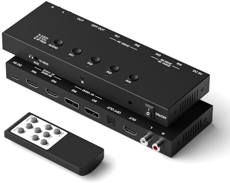 Y.D.F 8K @ 60Hz 2 HDMI/2 DP Switcher 4 in 1 Out Aluminium mit Audio-Ausgang Unterstützung 4K @ 120Hz HDR10+ HDCP 2.3 HDMI 2.1 Switch kompatibel mit PS5/4 Xbox X/S N-Switch/OLED Roku Apple TV Fire