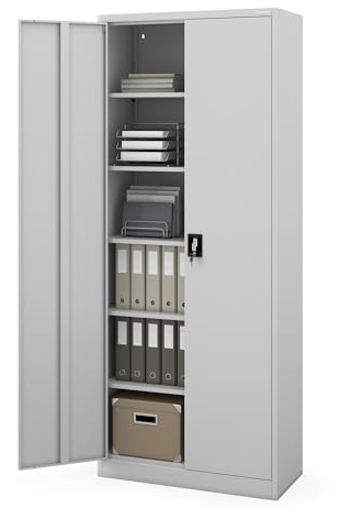 Jan Nowak Aktenschrank Büroschrank Metall hoch, abschließbar, 220x90x40 cm | Dokumentenschrank, Werkstattschrank, Ordnerschrank mit 5 Fachböden je 60 kg, abschließbar, Wandmontage, 220x90x40 cm