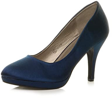 Womens Ladies mid high Heel Mary Jane Strap Evening Court Shoes Pumps, Navy Satin, 4 UK