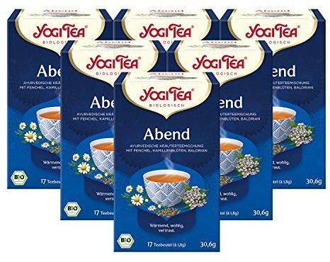 YOGI TEA® 6x Abend-Tee Bio Yogi Tee I wohltuender ayurvedischer Tee - Gewürz-Tee-Mischung mit Fenchel Kamille Baldrian-Wurzel uvm. I Bio-Qualität - 6x 17 Tee-Beutel I Bio Kräutertee 6 Päckchen