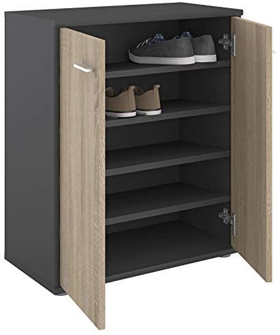 IDIMEX Meuble à Chaussures Olympe, Commode Meuble de Rangement avec 2 Portes avec 4 tablettes intérieures, en mélaminé Gris Mat et décor chêne Sonoma