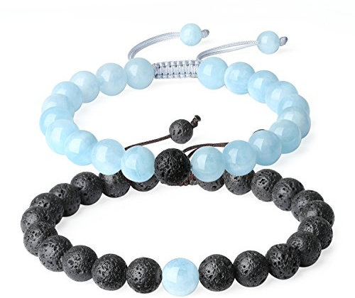 COAI Bracelet Couple Pierres Véritables Pierre de Lave Aigue-Marine Cordon Ajustable