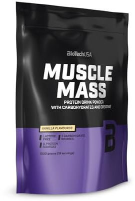 BioTechUSA Muscle Mass | Kohlenhydrat- und eiweißhaltiges Getränkepulver | Mit 5 Proteinquellen & 5 Kohlenhydratquellen | Mit Glutaminpeptiden | Laktosefrei | 1000 g, Vanille