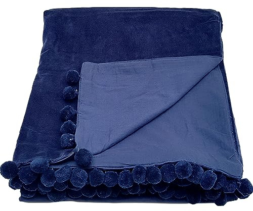 Ragged Rose 140 cm x 180 cm Luxury Velvet Throw Blanket - Made of Luxury Cotton Velvet with Chunky Pompom Trims on 2 Sides