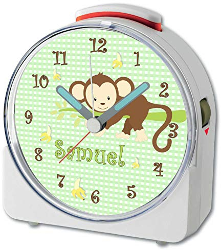 CreaDesign, WU-71-1000-04, AFFE hängend Grün, analog Kinderwecker weiß, Funkwecker mit Sweep-Uhrwerk und fluoreszierenden Zeiger und Licht, personlisiert mit Namen, 10,2 x 4,6 x 11 cm
