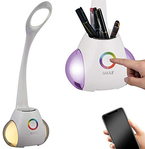 BAKAJI Lampada Cassa Altoparlante Speaker Bluetooth da Tavolo Luce LED Dimmerabile Accensione Touch con Luce d'atmosfera RGB con Cambio Colore e Portapenne Collo Regolabile
