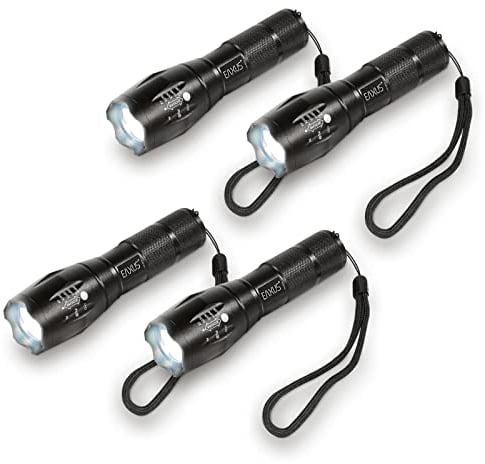 Eaxus® 4er Set Taktische Taschenlampe LED - Zoombar | Blackout Notfallausrüstung | SOS-Modus | 5 Leuchtmodi | CREE LED, Schwarz