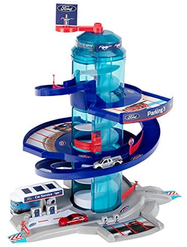 Theo Klein 3321 Garage Ford Helix I Garage avec Ascenseur Hélicoïdal Fonction Sonore et Lumineuse I Rampe de Départ avec Système D'Aiguillage I avec 2 Voitures I Jouet pour Enfants Partir de 3 Ans