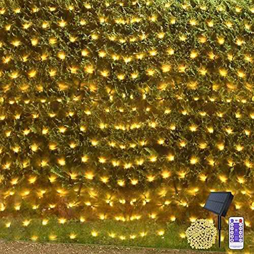 Solar Lichternetz 4.5 X 1.5M 192LED Außen Lichterkette Netz Solar Garten Mesh Lichterkette mit Fernbedienung & Timer 8 Modi für Outdoor Fenster Hochzeit Wohnzimmer(Warmweiß)