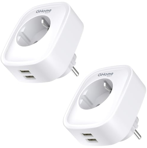 GHome Smart Con USB 16 A, Enchufe WiFi con medición de Consumo de energía, con Mando a Distancia, Funciona con Alexa, Google Assistant, Control por Voz y Temporizador, 2 Unidades, Color Blanco