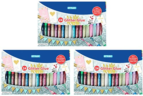 Stylex 2051433 23384 - Glitter Glue im farbenfrohen Set mit 24 Tuben ? 10 g, l?sungsmittelfrei und auswaschbar, Klebstoff mit tollen Glitzerpartikeln zum kreativen Basteln und Gestalten (3)