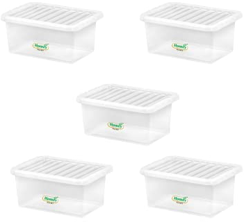 Plastic Storage Boxes Crystal Clear 11L Box & Lid Home Office Stackable Nestable - Pack of 5