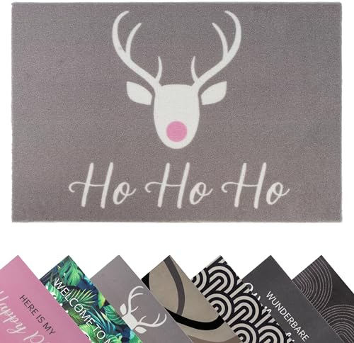 Primaflor Fußmatte mit Spruch “HO HO HO” - 40 x 60 cm, rutschfeste Schmutzfang-Matte, Weihnachts-Deko Türvorleger mit Velour Oberfläche, Waschbarer Fußabtreter, Eingangsmatte