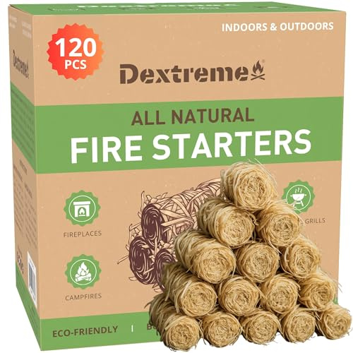 Dextreme Fire Starters, 108 Pack Natural Fire Starters for BBQ, Campfires, Fireplace, Charcoal, Wood Stove, Fire Pit, Fireplace, Pizza Oven and Smokers, All Weather, Odorless, Non-Toxic for Indoor and
