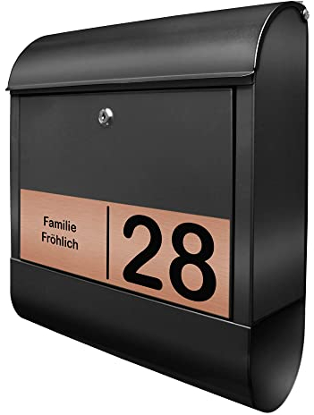 banjado® Briefkasten personalisiert mit graviertem Namensschild in Kupfer/Briefkasten schwarz 39x47x14cm / Briefkasten mit Hausnummer, Namen & Motiv Gravur 2 / Briefkasten mit Zeitungsfach
