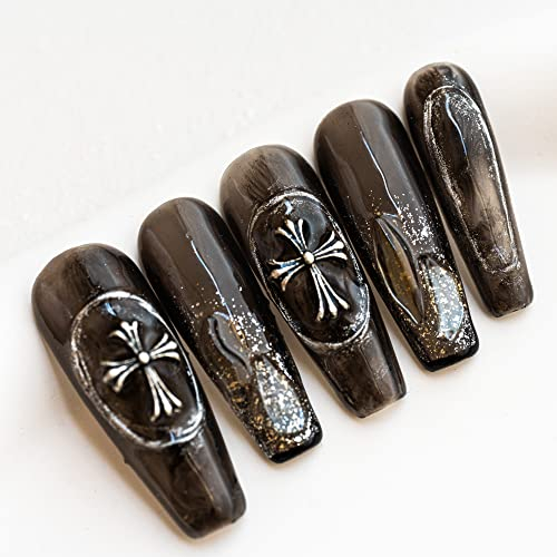 Sun&Beam Nails Handmade Press On Nail Long Coffin Ballerina Black Cross Acrylic Fake Tip 3D Design Art Charms Cute with Storage Box 10 Pcs (#003 L)