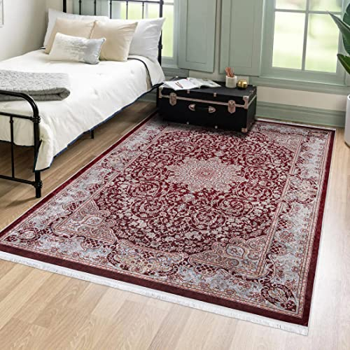 Mazovia Orientalisch Vintage Teppich - Kurzflor Waschbar - Weich Traditioneller Teppich für Wohnzimmer, Schlafzimmer, Esszimmer – Oriental Teppiche - Rot 140 x 200 cm